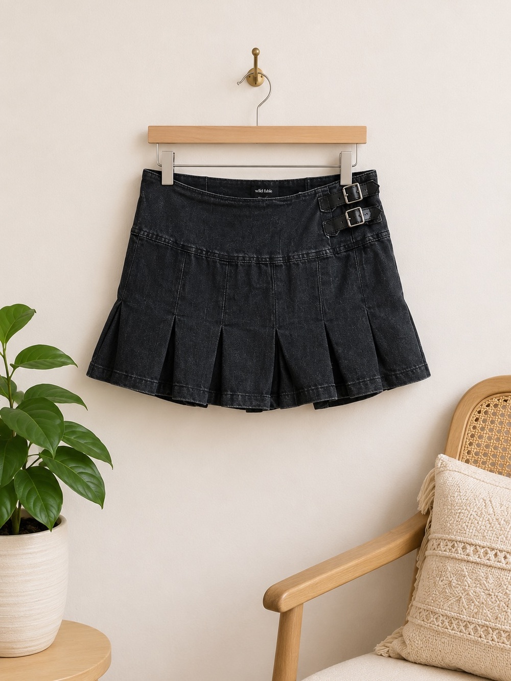 Wild Fable Dark‎ Black Denim Pleated Belted Skort Festival Y2K Streetwear Sz 17